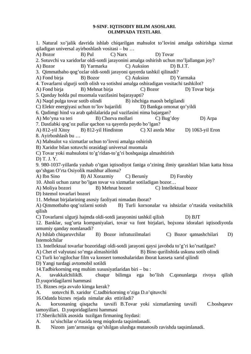 IQTISODIY BILIM ASOSLARI. OLIMPIADA TESTLARI. 1