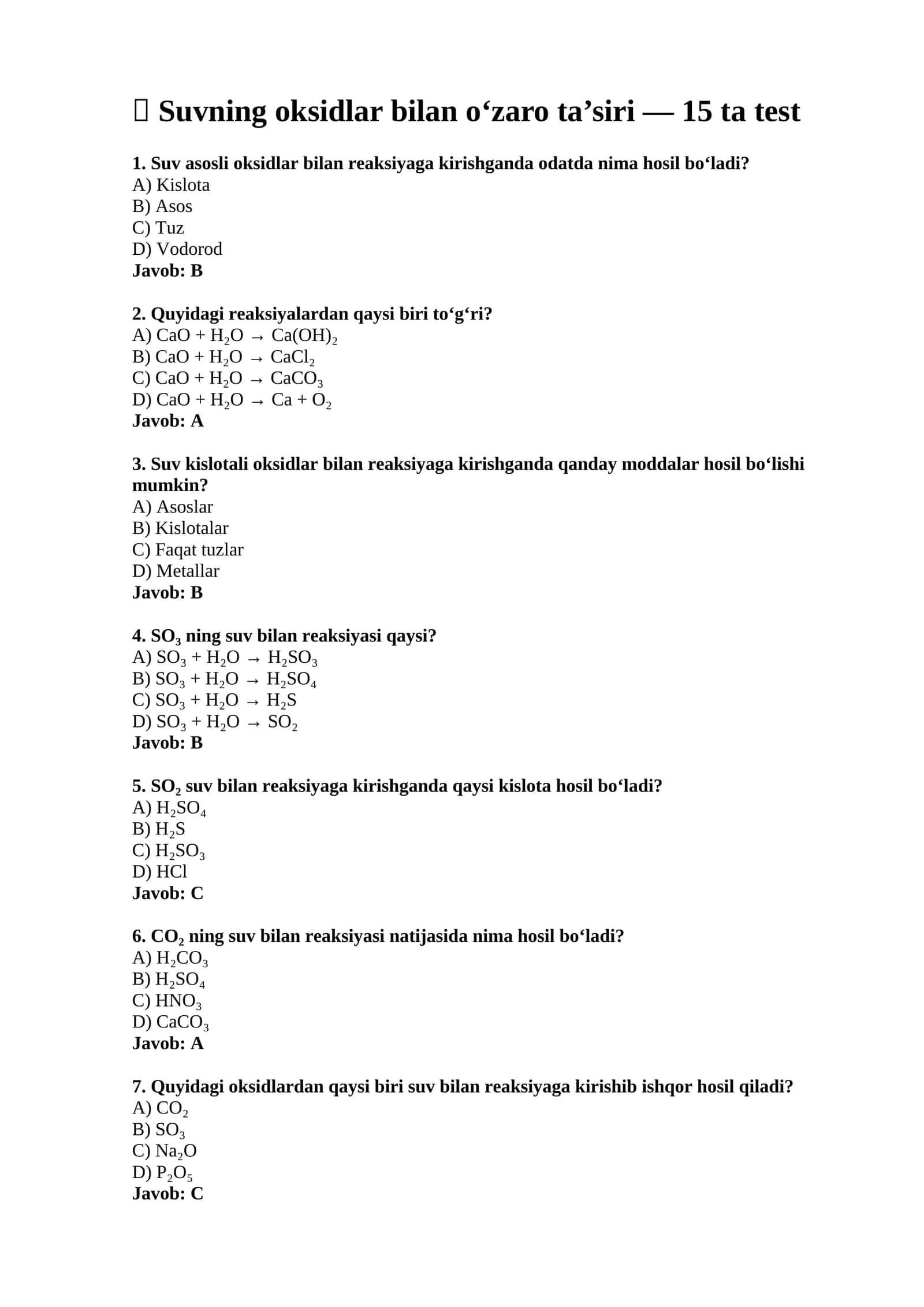 Suvning oksidlar bilan o‘zaro ta’siri — 15 ta test 1