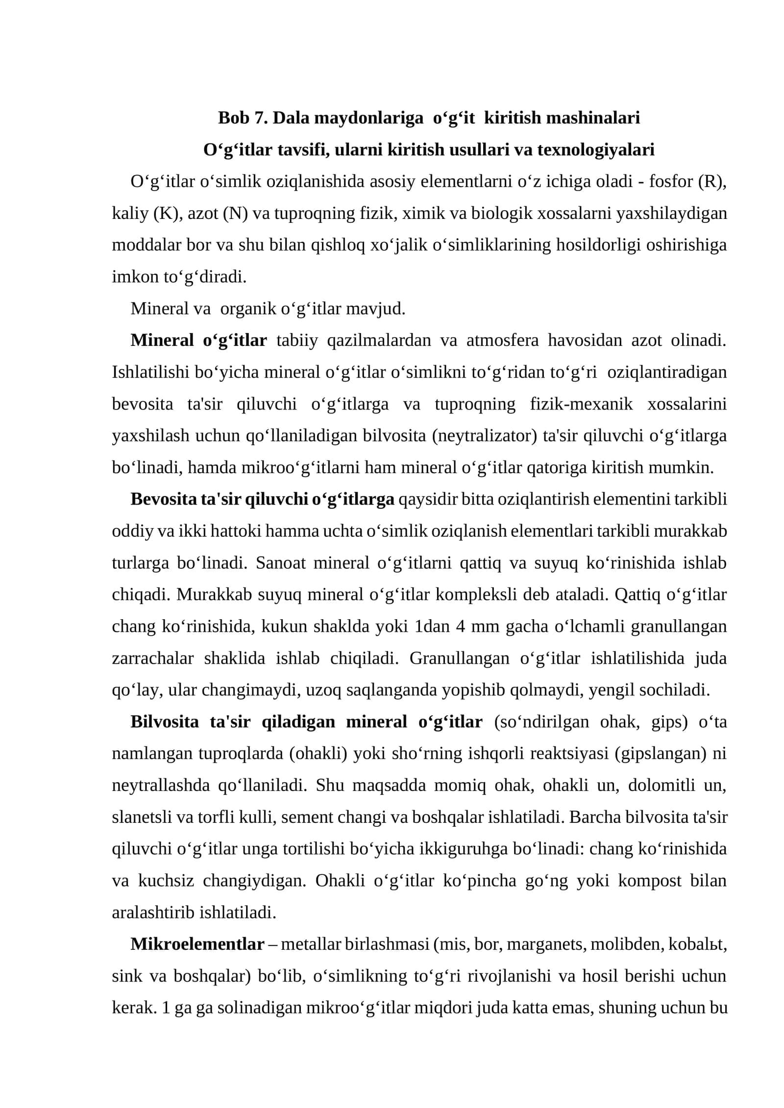 Bob 7. Dala maydonlariga o‘g‘it kiritish mashinalari 1