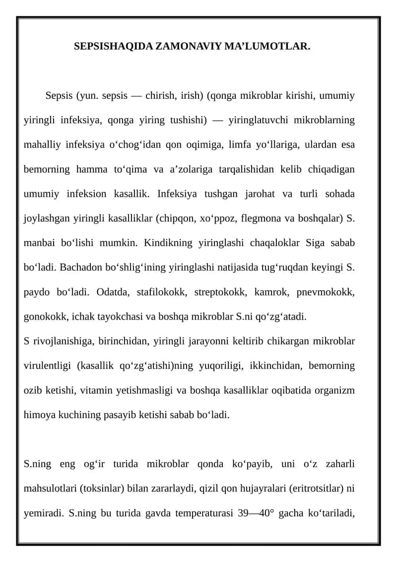 SEPSISHAQIDA ZAMONAVIY MA’LUMOTLAR 1