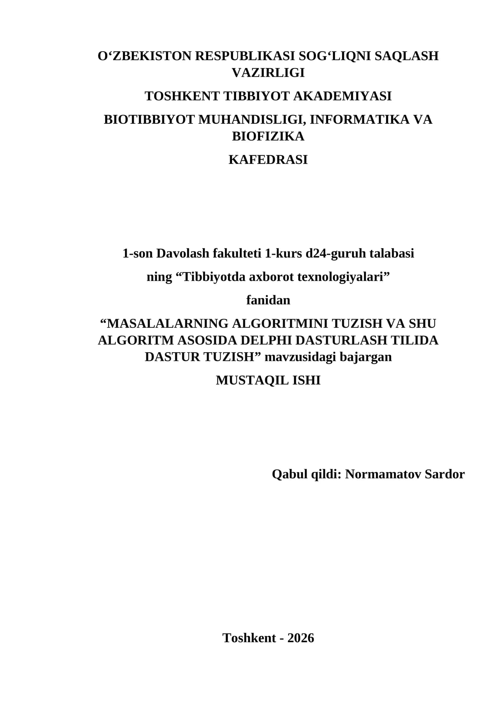 MASALALARNING ALGORITMINI TUZISH VA SHU ALGORITM ASOSIDA DELPHI DASTURLASH TILIDA DASTUR TUZISH 1