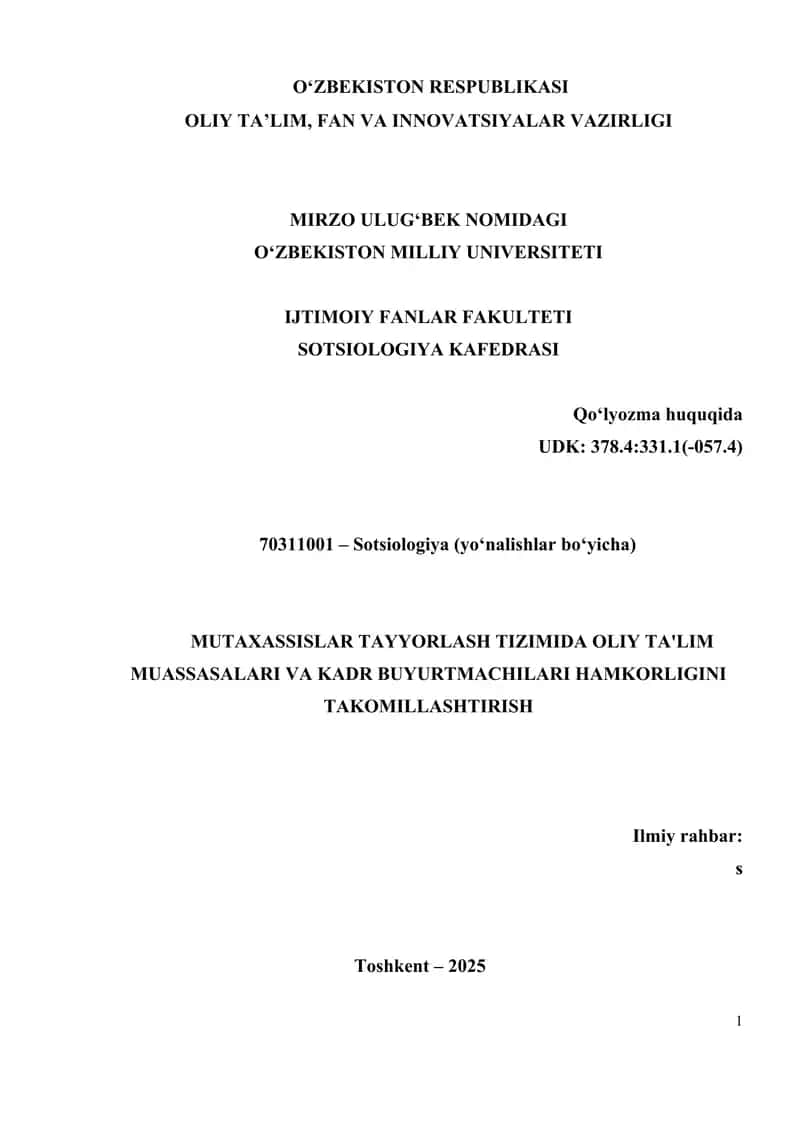 MUTAXASSISLAR TAYYORLASH TIZIMIDA OLIY TA'LIM MUASSASALARI VA KADR BUYURTMACHILARI HAMKORLIGINI TAKOMILLASHTIRISH 1
