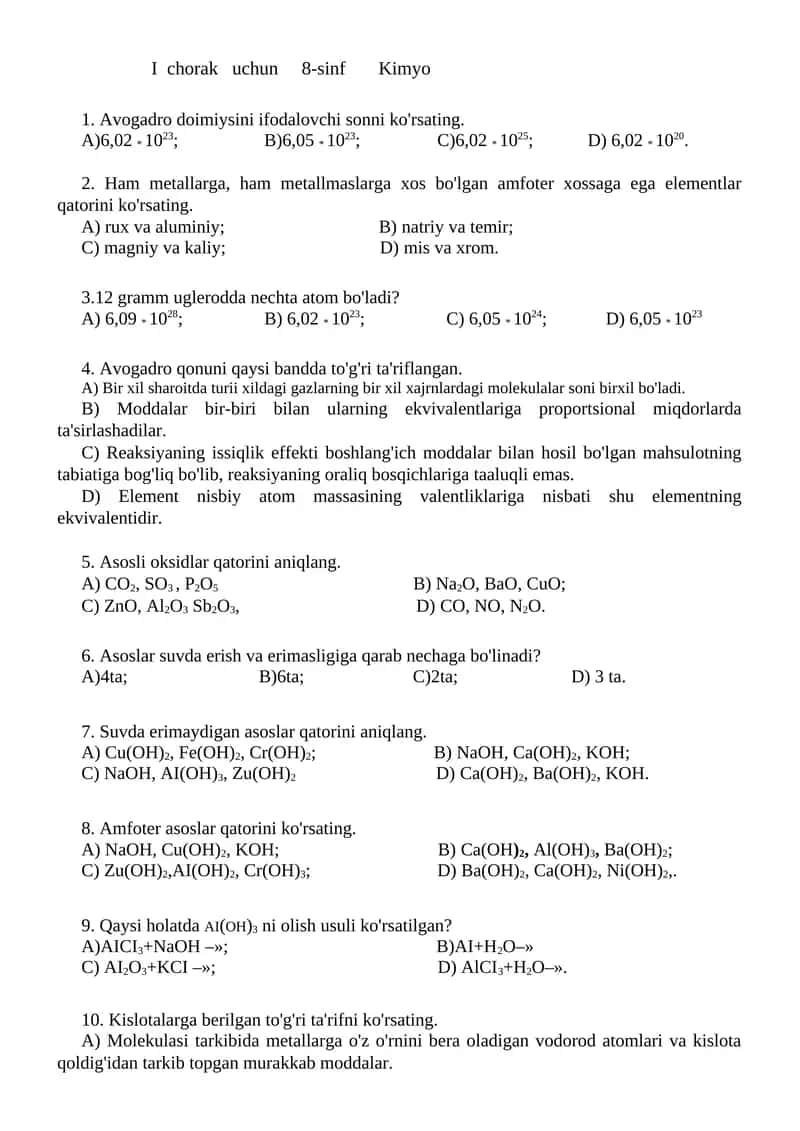 8-sinf Kimyo Chorak Test Sinovlari 1