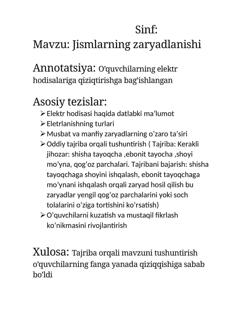 Tezis 8-sinf fizika jismlarning elektrlanganligi 1