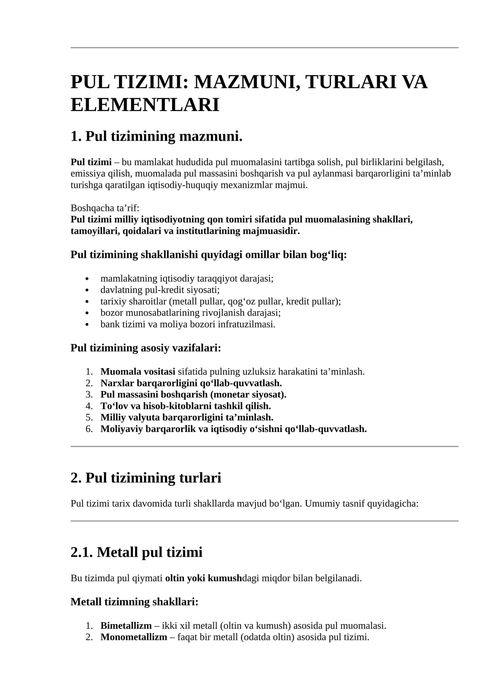 PUL TIZIMI: MAZMUNI, TURLARI VA ELEMENTLARI 1
