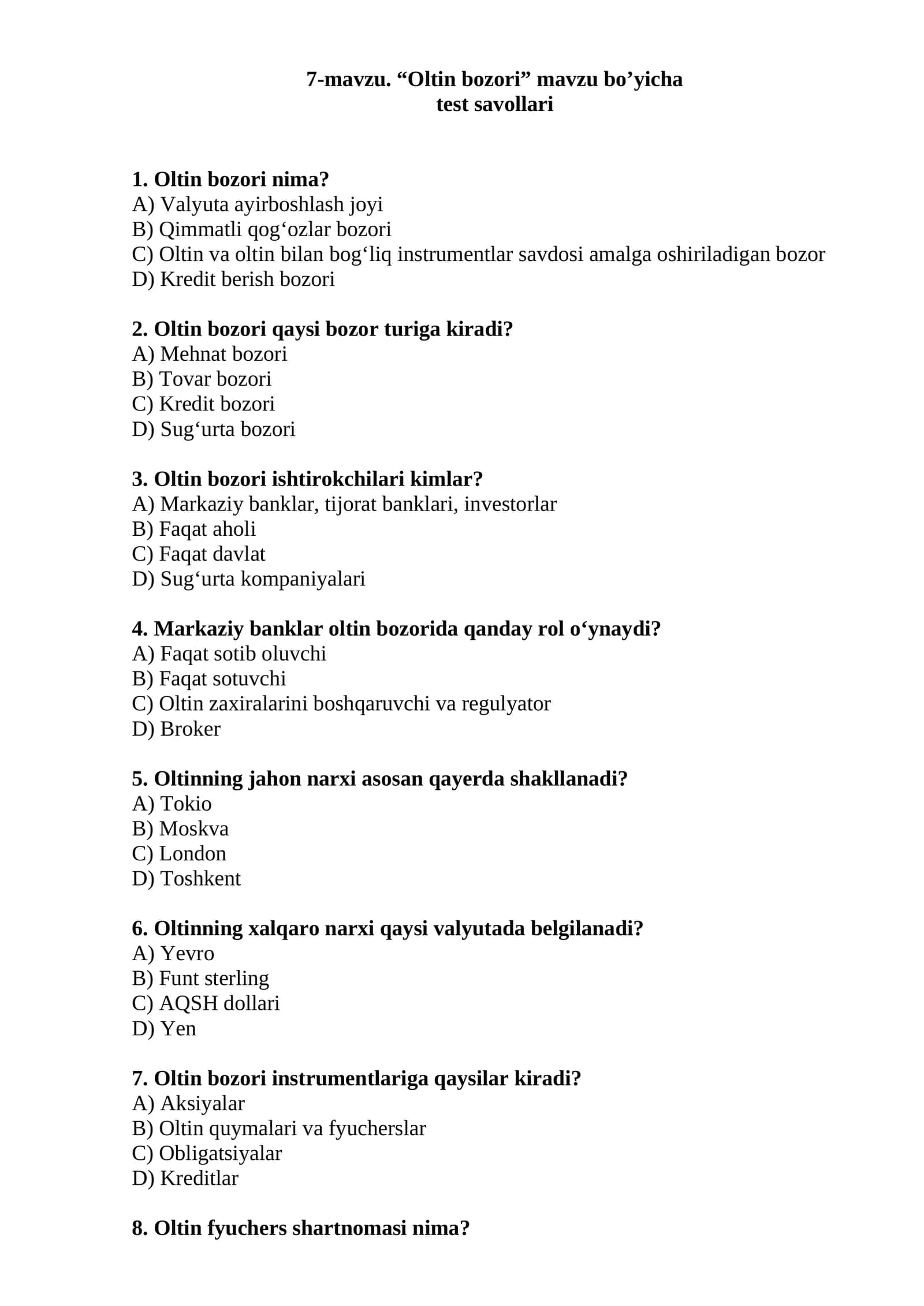 Oltin bozori test savollari 1