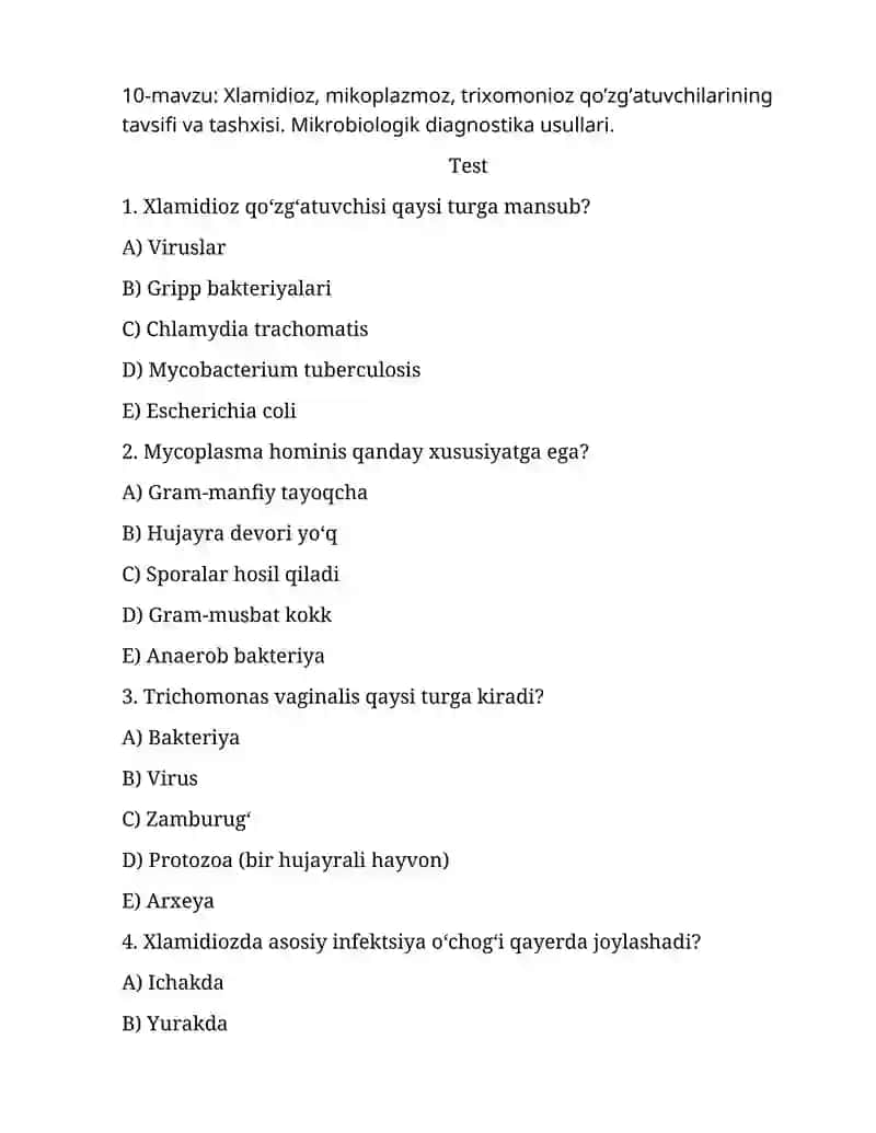Xlamidioz, mikoplazmoz, trixomonioz qo’zg’atuvchilarining tavsifi va tashxisi.