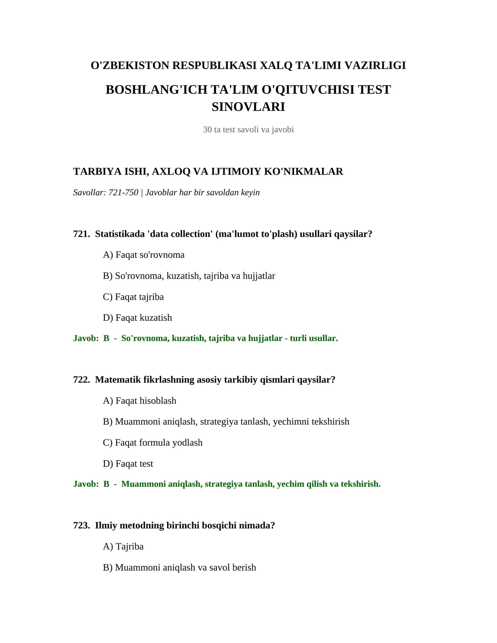 BOSHLANG'ICH TA'LIM O'QITUVCHISI TEST SINOVLARI 1