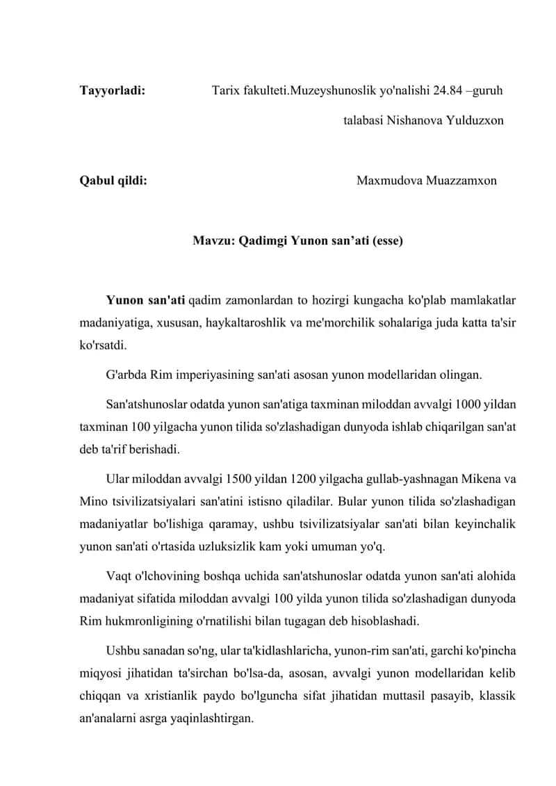 Qadimgi Yunon san’ati (esse) 1