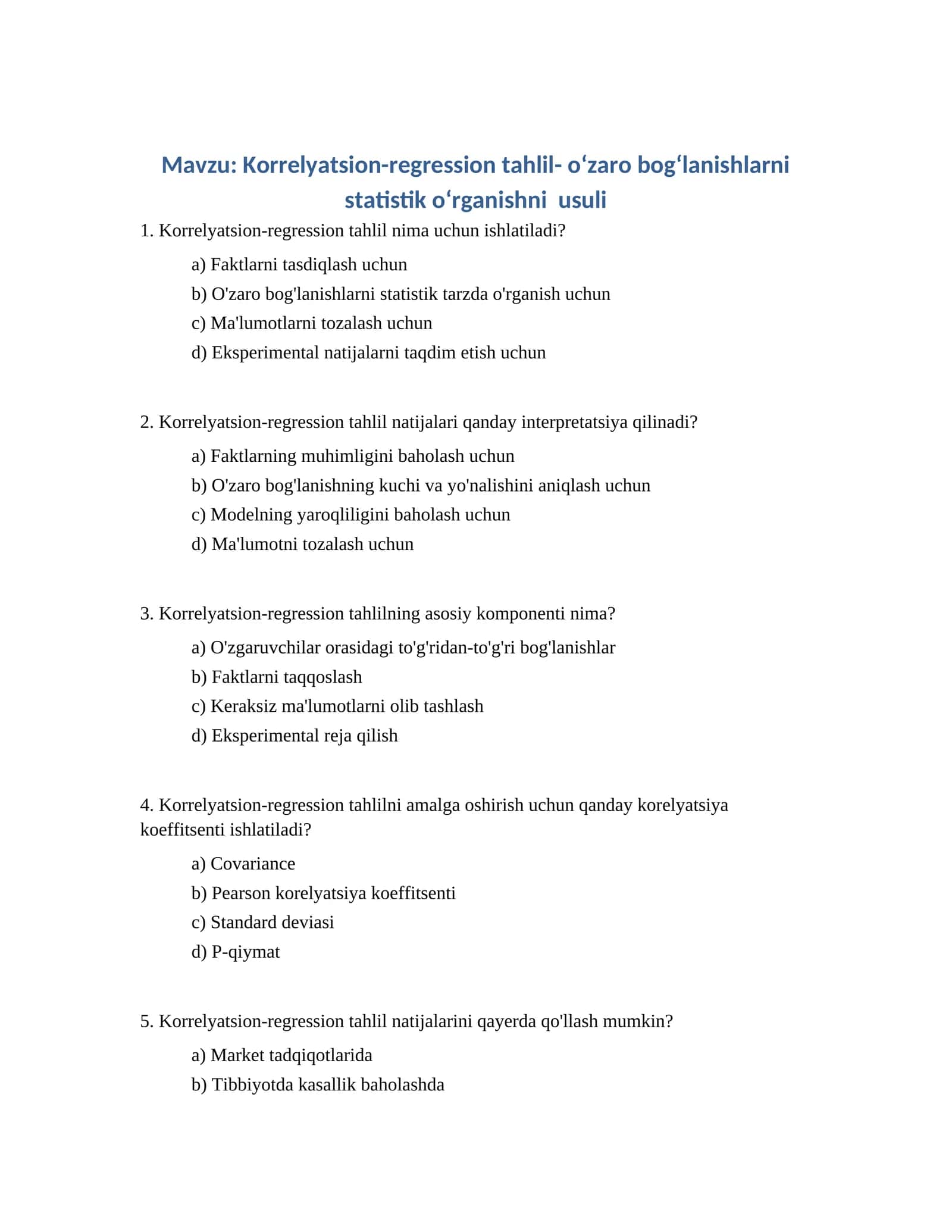 Korrelyatsion-regression tahlil- oʻzaro bogʻlanishlarni statistik oʻrganishni usuli 1