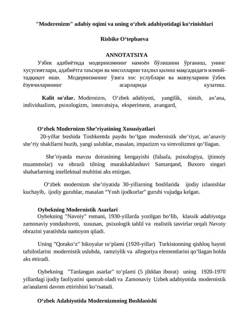 "Moderenizm" adabiy oqimi va uning oʻzbek adabiyotidagi koʻrinishlari