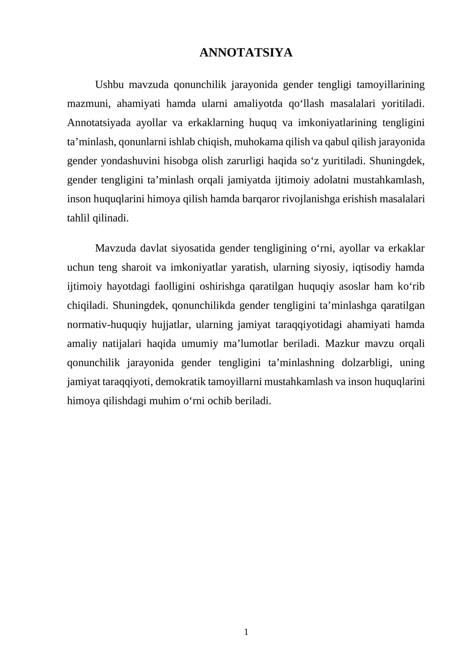 Gender tengligi jarayonida qonunchilik 1