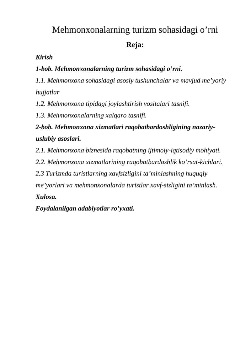 Меhmonxonalarning turizm sohasidagi o’rni 1