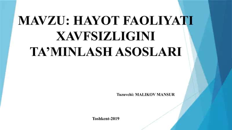 Hayot Faoliyati Xavfsizligini Ta’minlash Asoslari 1
