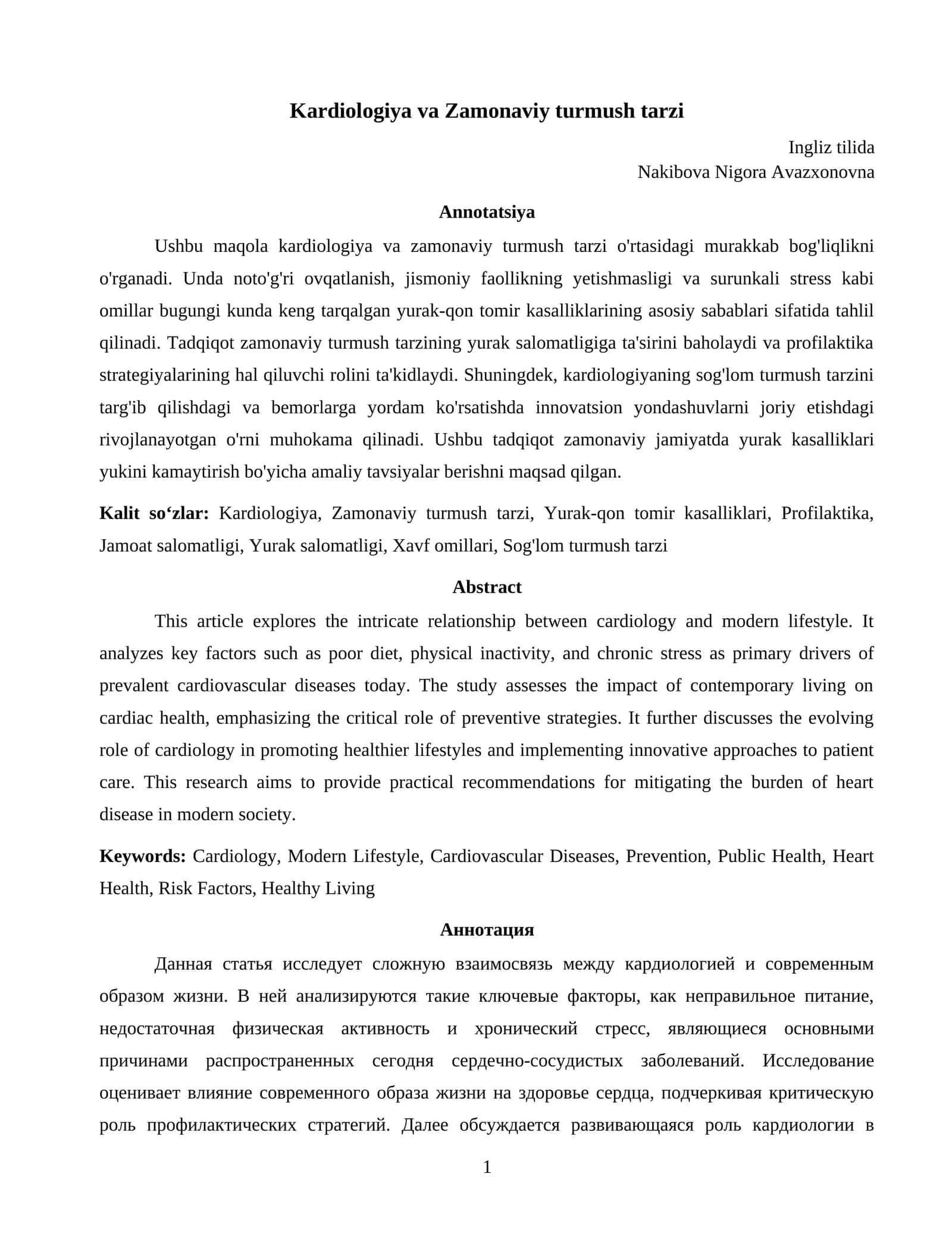 Kardiologiya va Zamonaviy turmush tarzi 1
