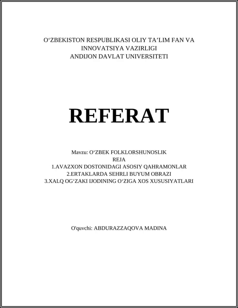 O'zbek Folklorshunoslik Referat 1