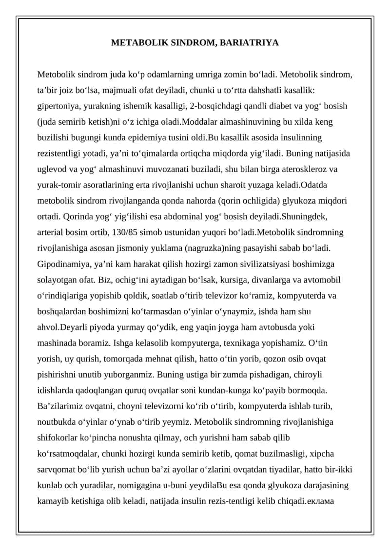 METABOLIK SINDROM, BARIATRIYA 1