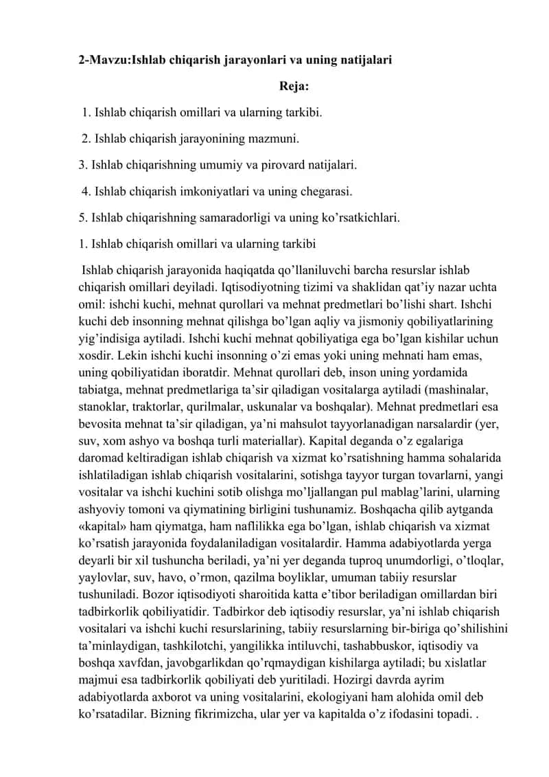 Ishlab chiqarish jarayonlari va uning natijalari 1