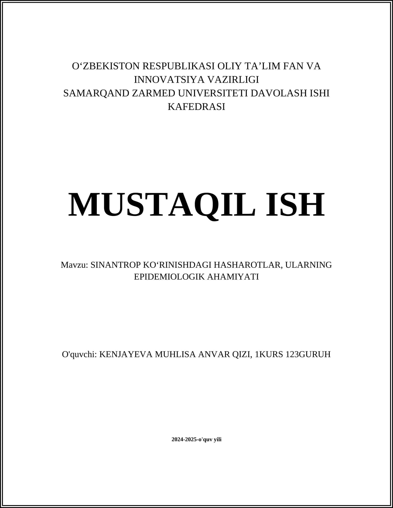 SINANTROP KO‘RINISHDAGI HASHAROTLAR, ULARNING EPIDEMIOLOGIK AHAMIYATI 1