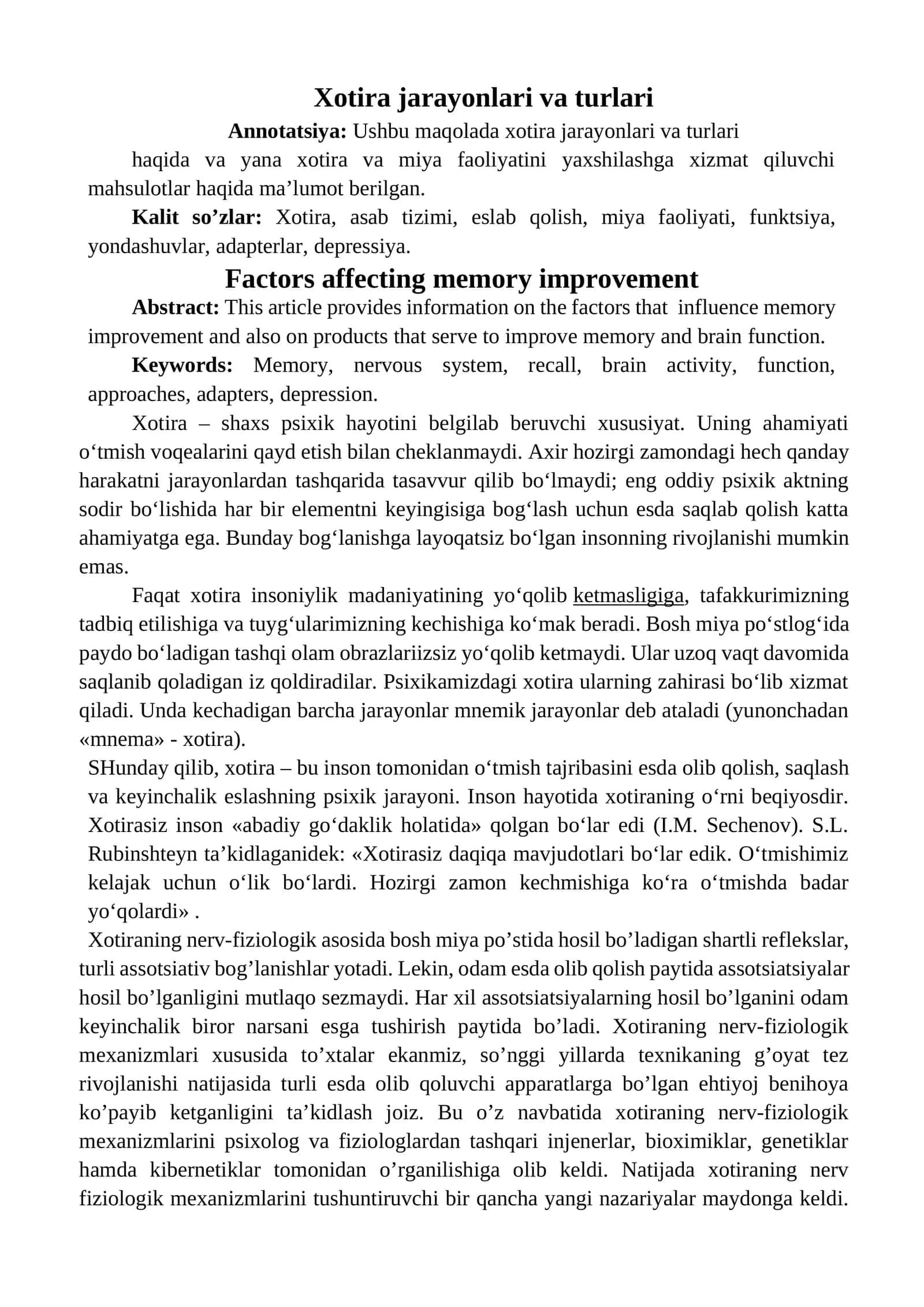 Xotira jarayonlari va turlari 1