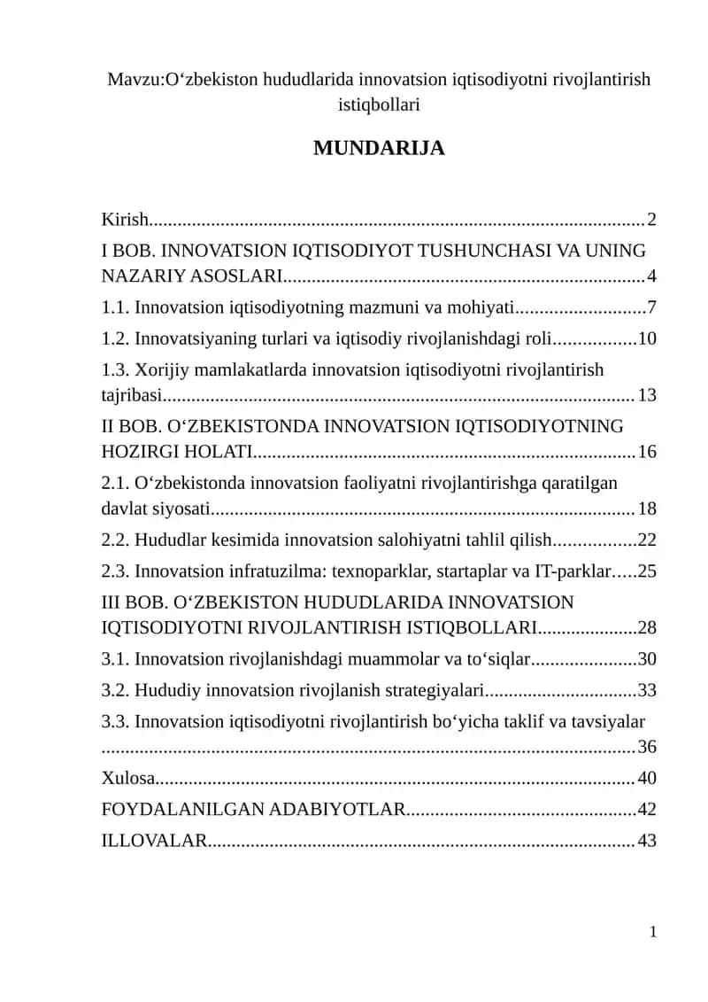Oʻzbekiston hududlarida innovatsion iqtisodiyotni rivojlantirish istiqbollari 1