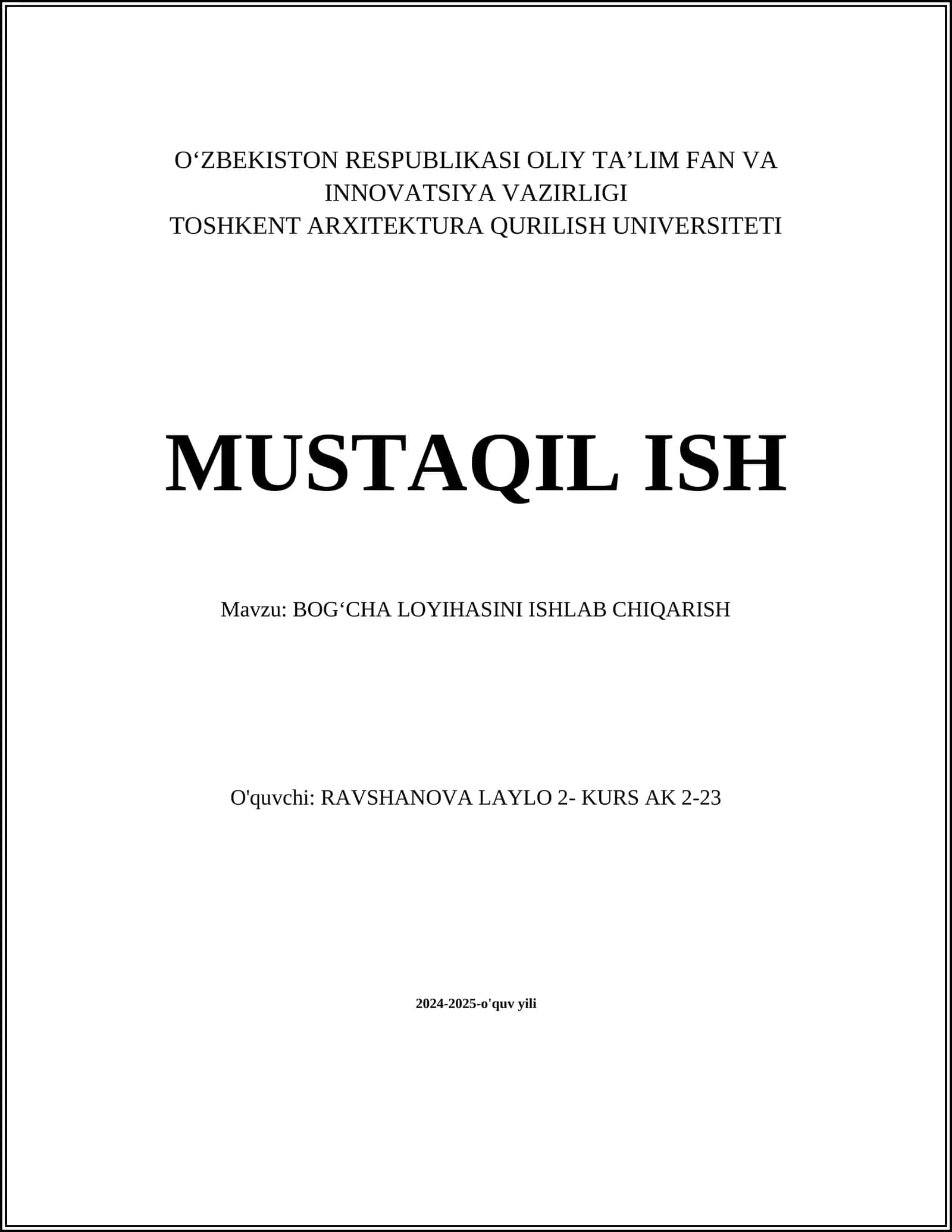 BOGʻCHA LOYIHASINI ISHLAB CHIQARISH 1
