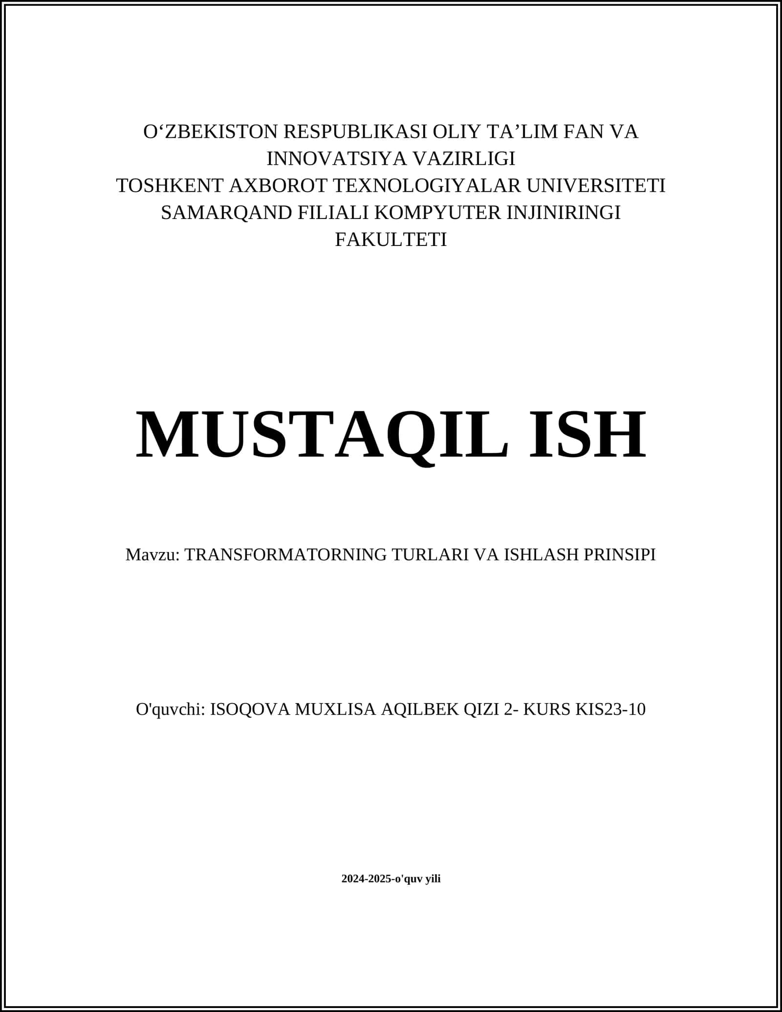 TRANSFORMATORNING TURLARI VA ISHLASH PRINSIPI 1