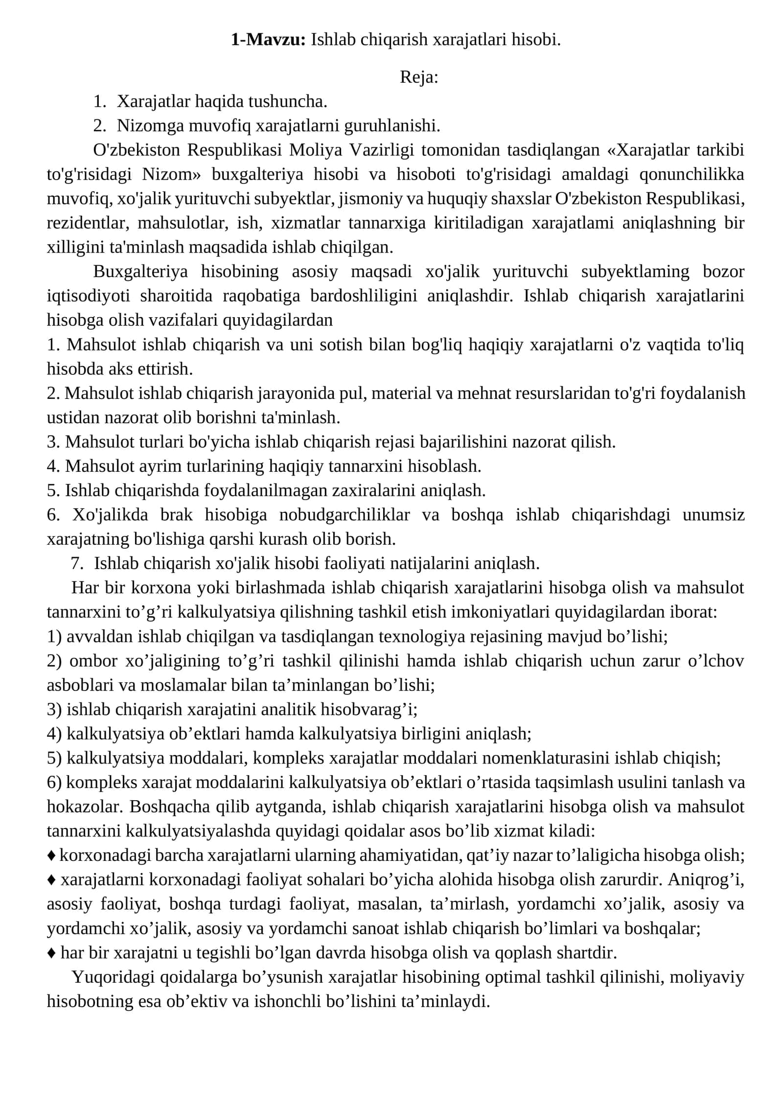 Ishlab chiqarish xarajatlari hisobi 1