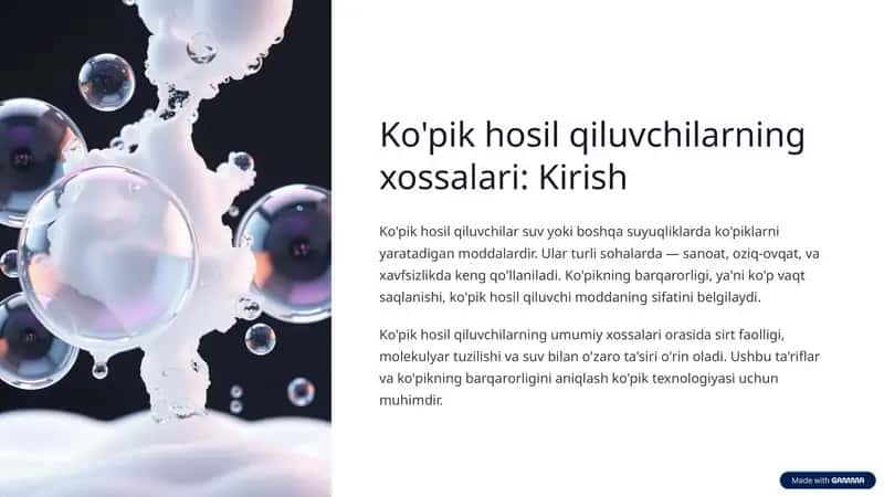Ko'pik hosil qiluvchilarning xossalari Kirish 1