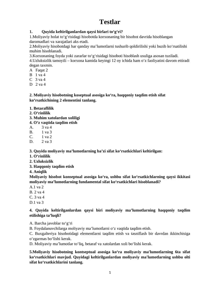 Moliyaviy hisobotlar test savollari 1