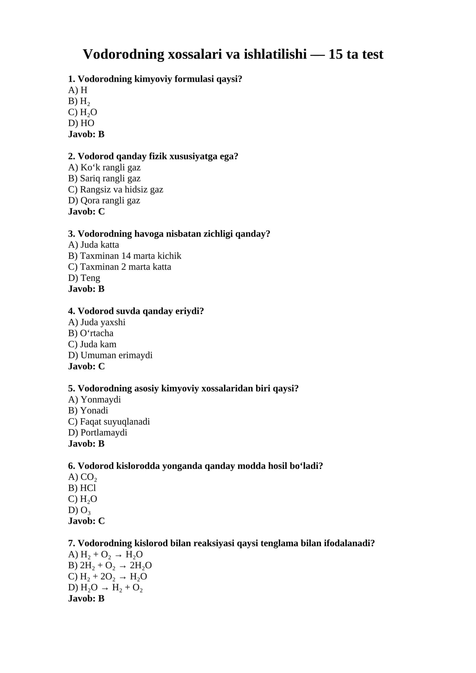 Vodorodning xossalari va ishlatilishi — 15 ta test 1