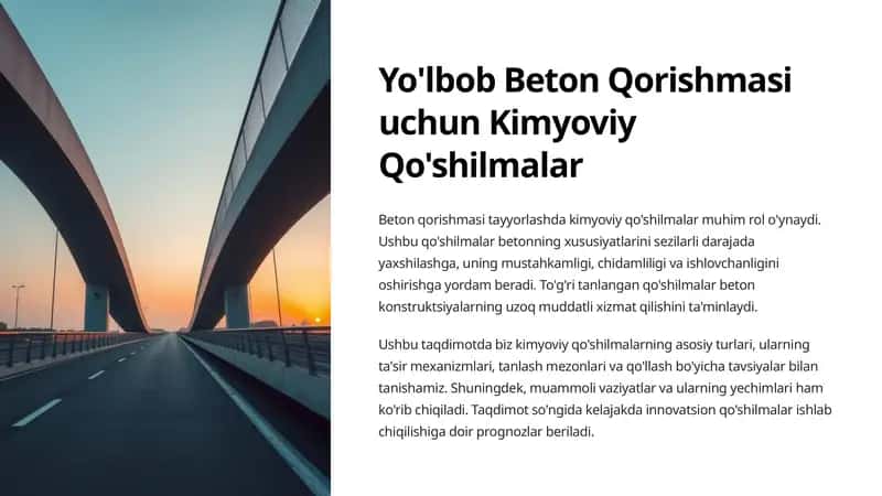 Yo'lbob Beton Qorishmasi uchun Kimyoviy Qo'shilmalar 1