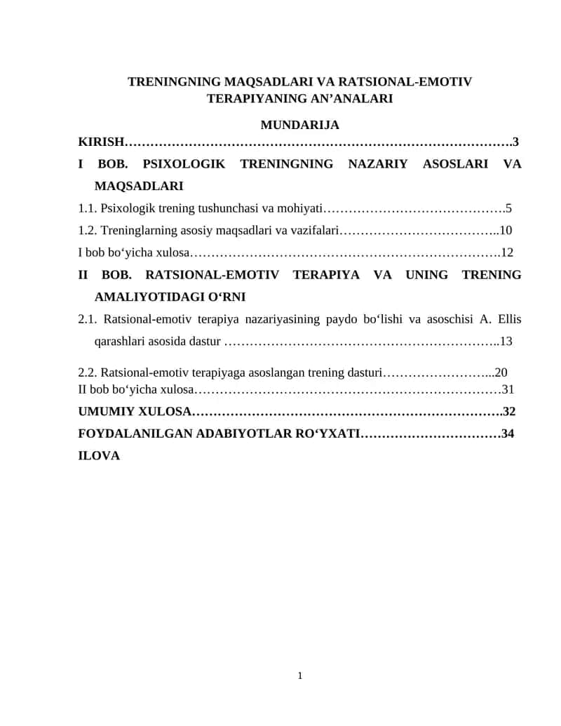 TRENINGNING MAQSADLARI VA RATSIONAL-EMOTIV TERAPIYANING AN’ANALARI 1