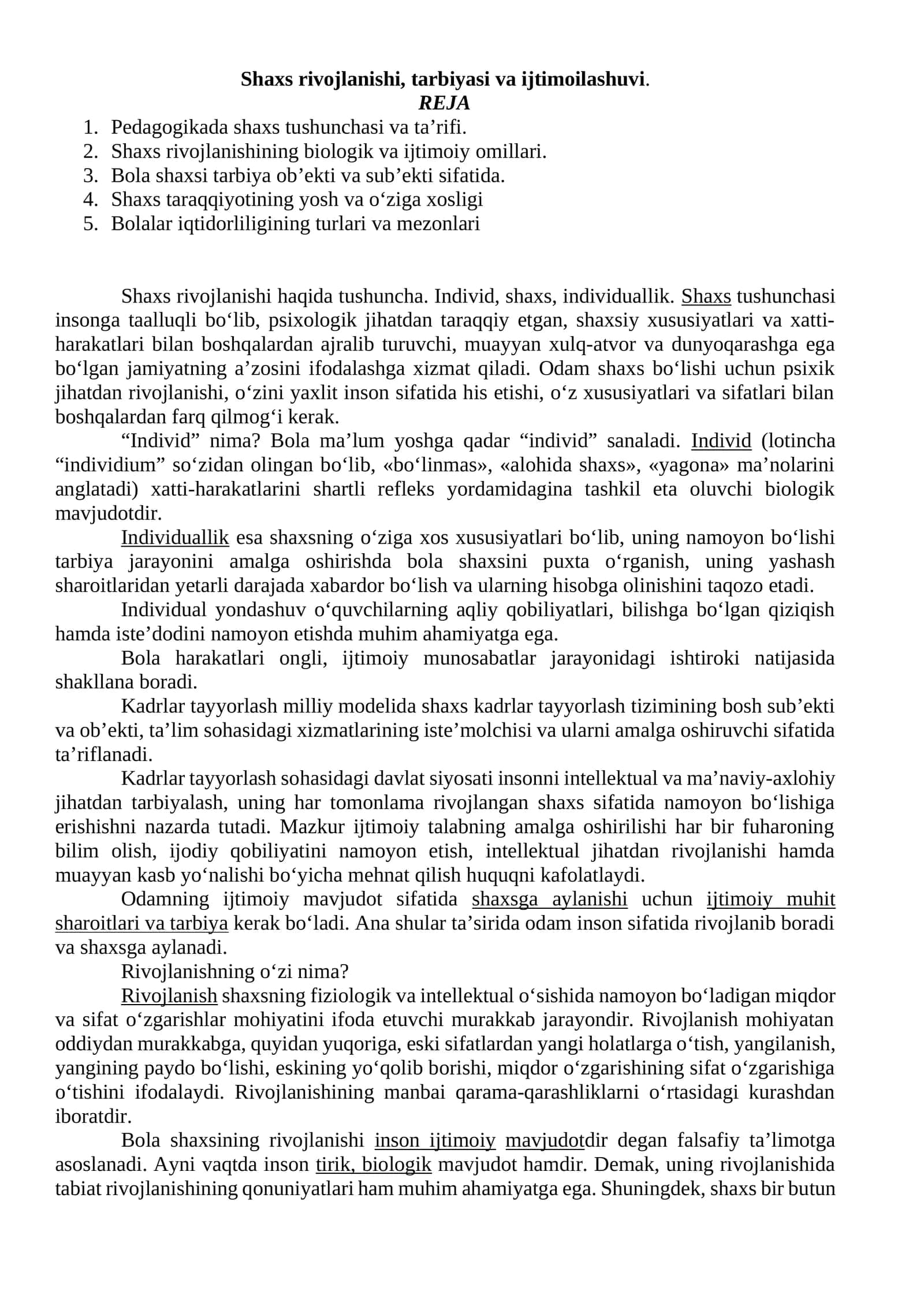Shaxs rivojlanishi, tarbiyasi va ijtimoiylashuvi 1
