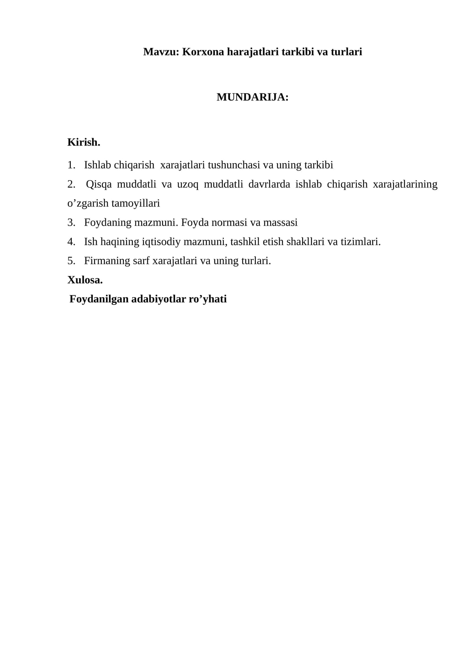 Korxona harajatlari tarkibi va turlari 1