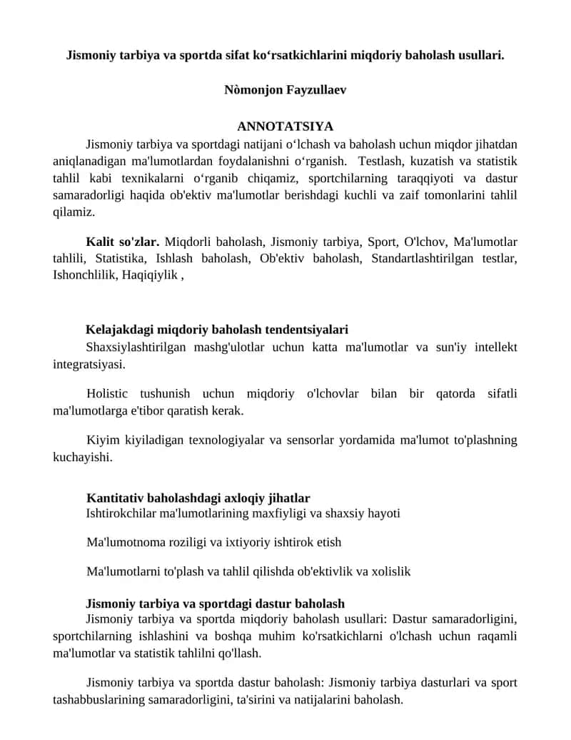Jismoniy tarbiya va sportda sifat koʻrsatkichlarini miqdoriy baholash usullari 1