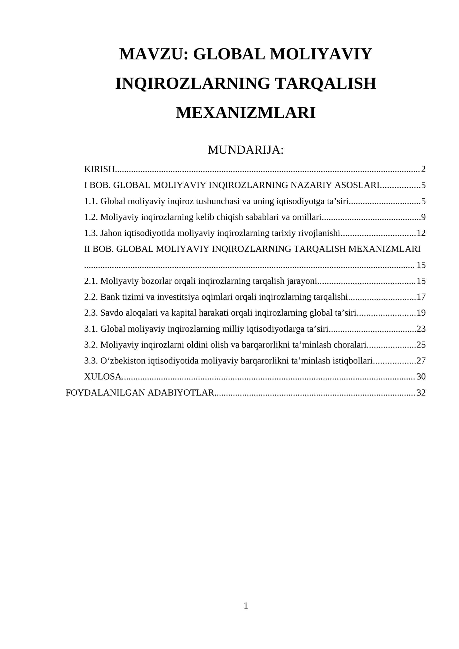 Global moliyaviy inqirozlarning tarqalish mexanizmlari 1