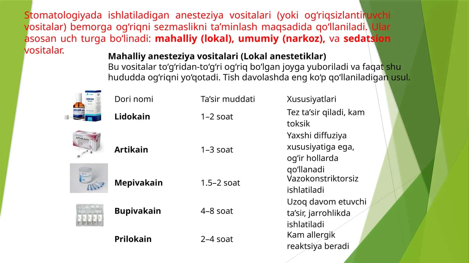 Stomatologiyada ishlatiladigan anesteziya vositalari 1