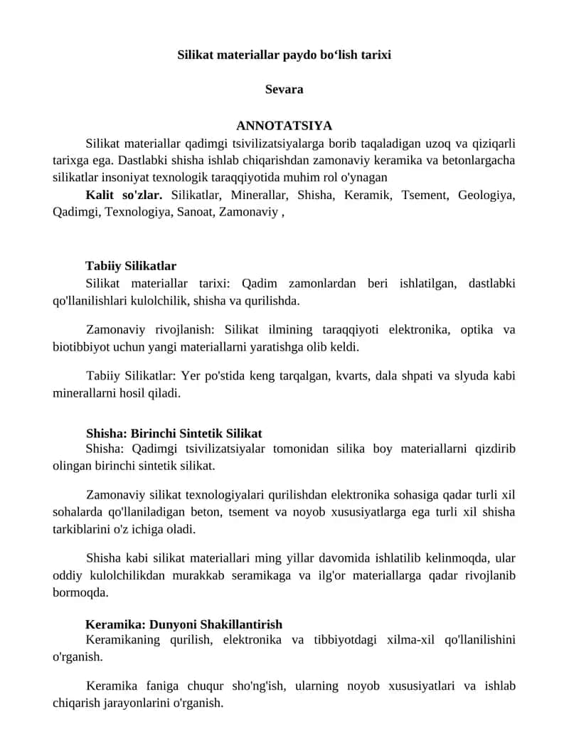 Silikat materiallar paydo boʻlish tarixi 1