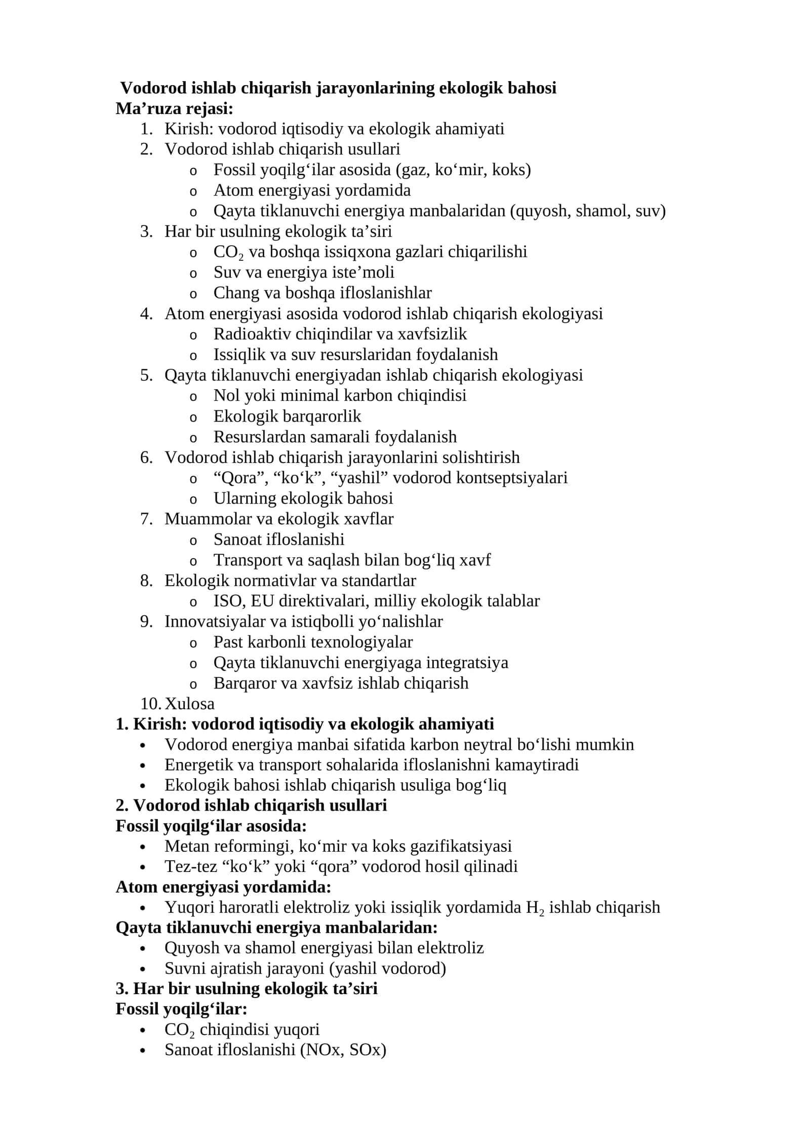 Vodorod ishlab chiqarish jarayonlarining ekologik bahosi 1