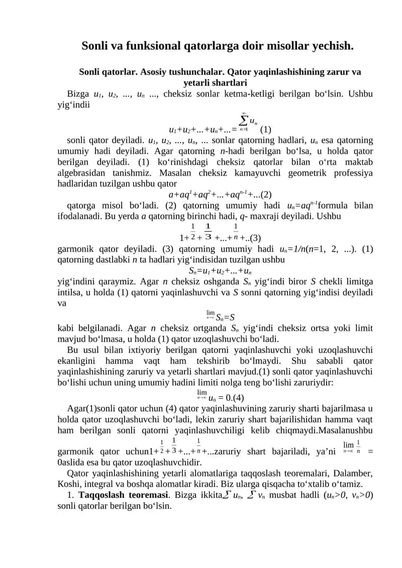 Sonli va funksional qatorlarga doir misollar yechish. 1