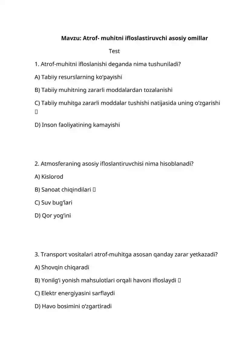 Atrof-muhitni ifloslastiruvchi asosiy omillar