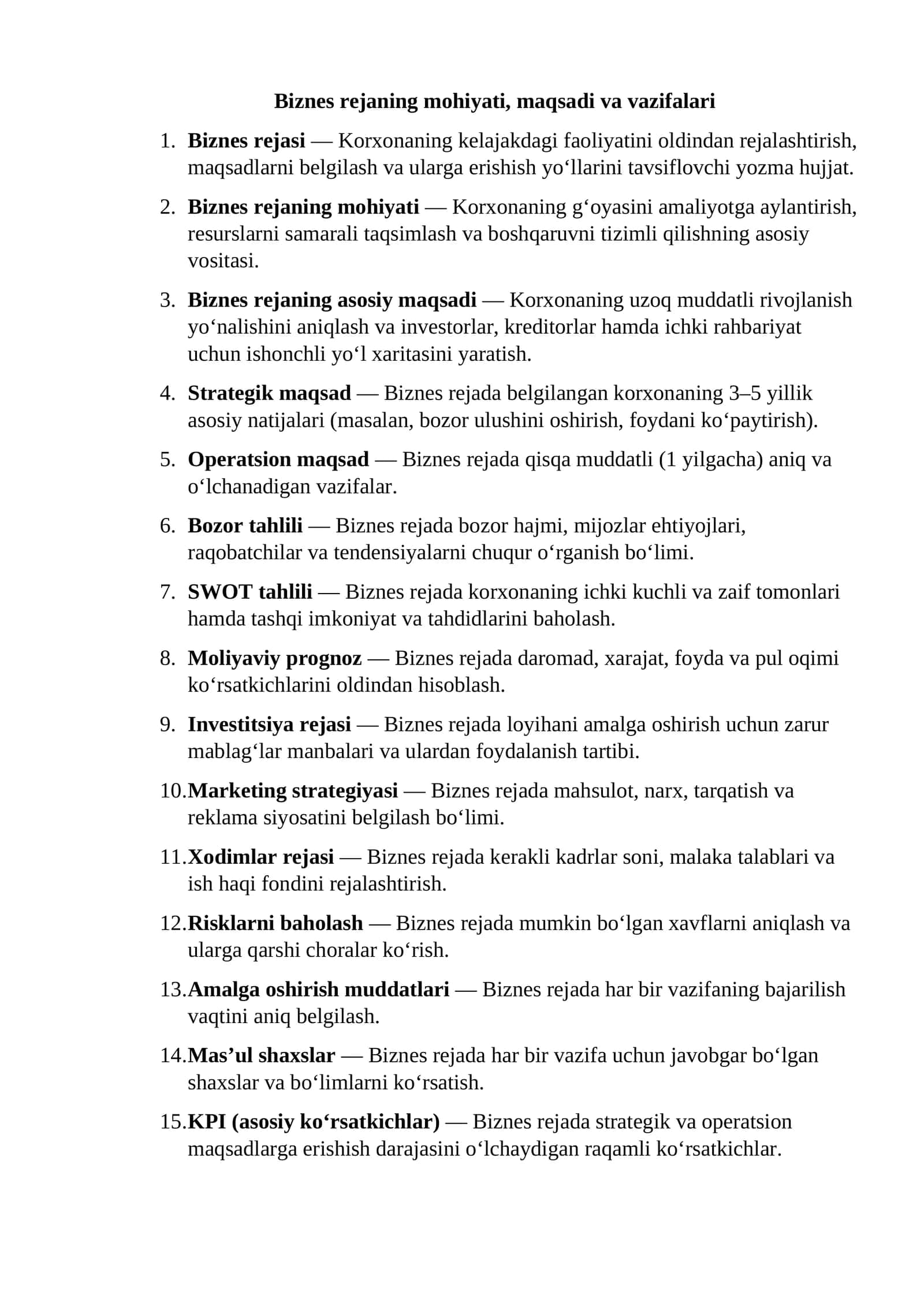 Biznes rejaning mohiyati, maqsadi va vazifalari 1