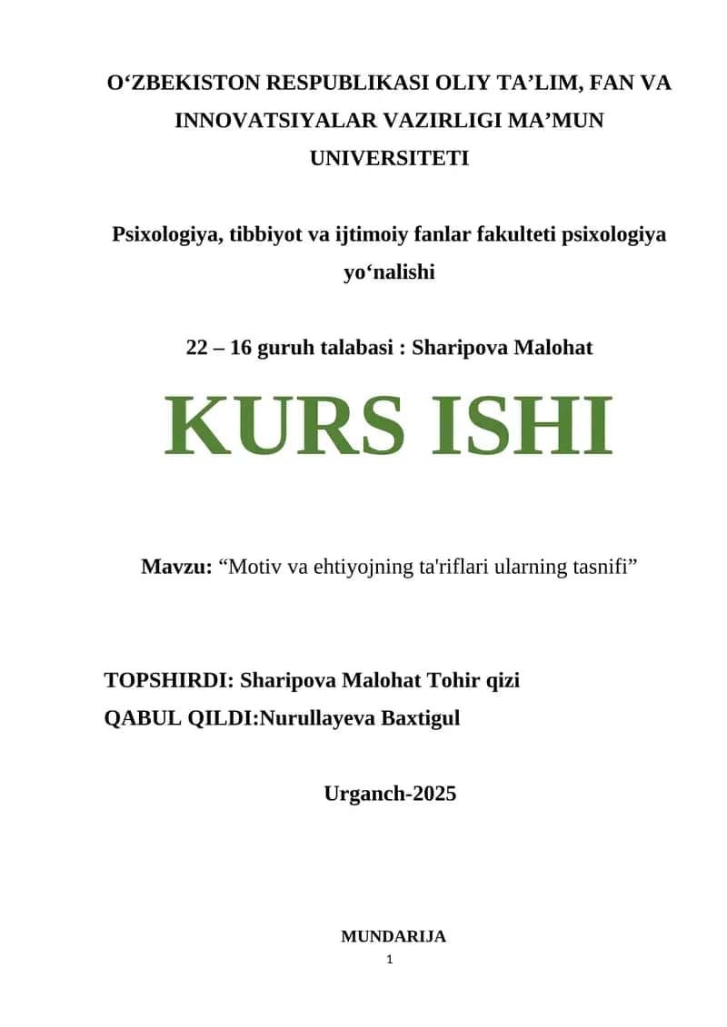 Motiv va ehtiyojning ta'riflari ularning tasnifi 1