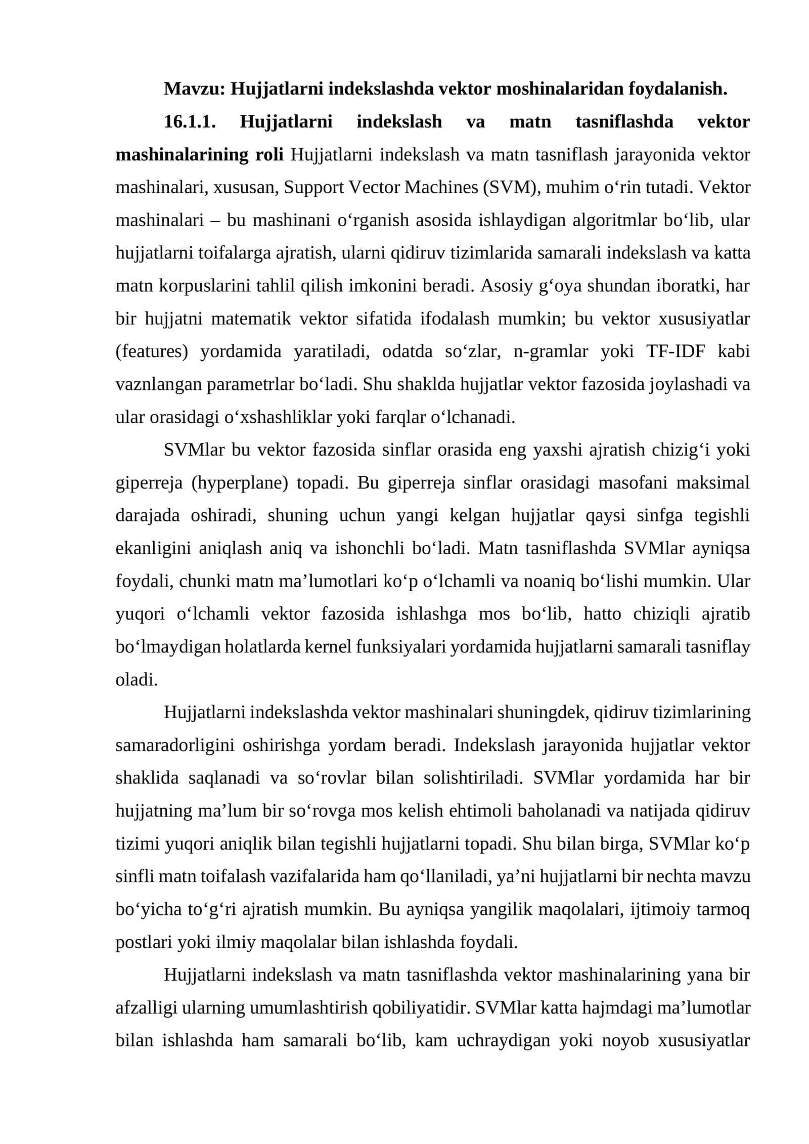 Hujjatlarni indekslashda vektor moshinalaridan foydalanish 1