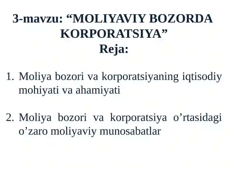 MOLIYAVIY BOZORDAKORPORATSIYA