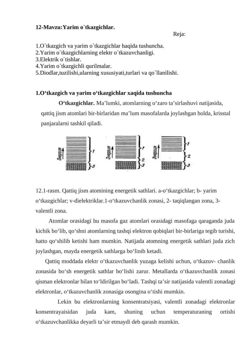 12-Mavzu: Yarim o`tkazgichlar 1