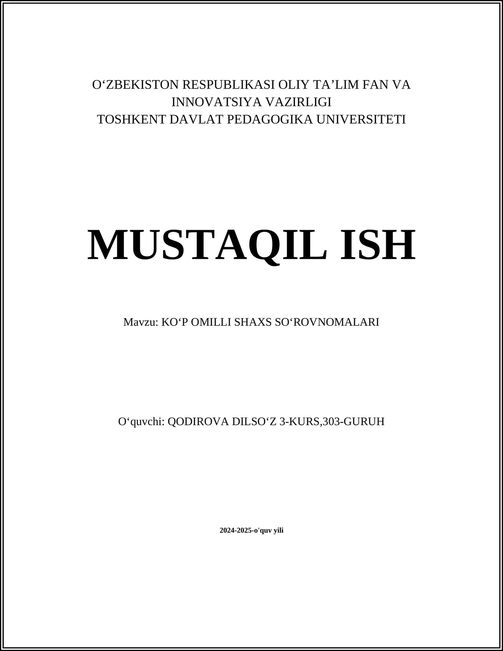 KOʻP OMILLI SHAXS SOʻROVNOMALARI 1
