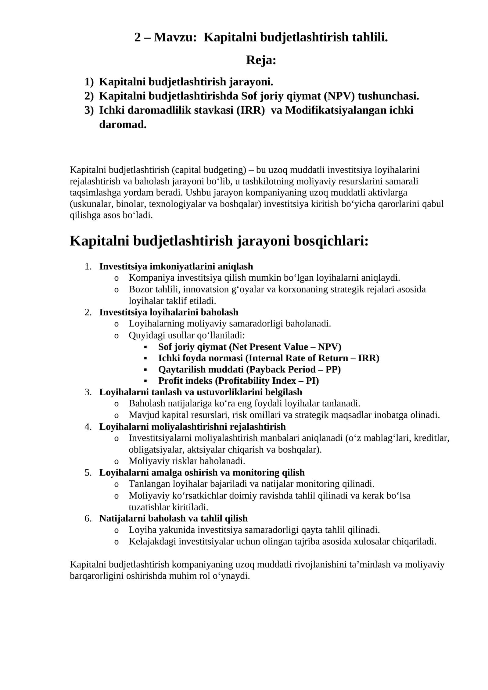 Kapitalni budjetlashtirish tahlili 1