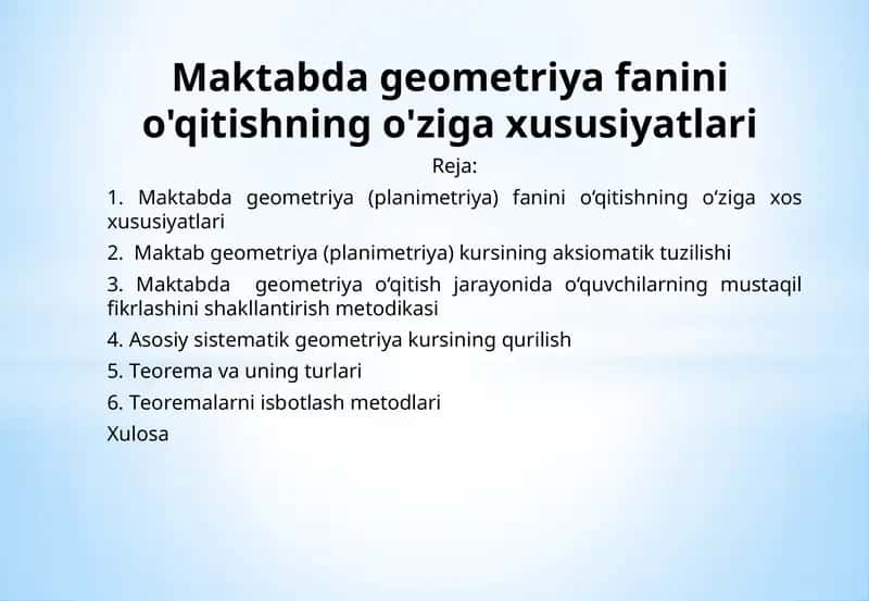 Maktabda geometriya (planimetriya) fanini o‘qitishning o‘ziga xos xususiyatlari 1